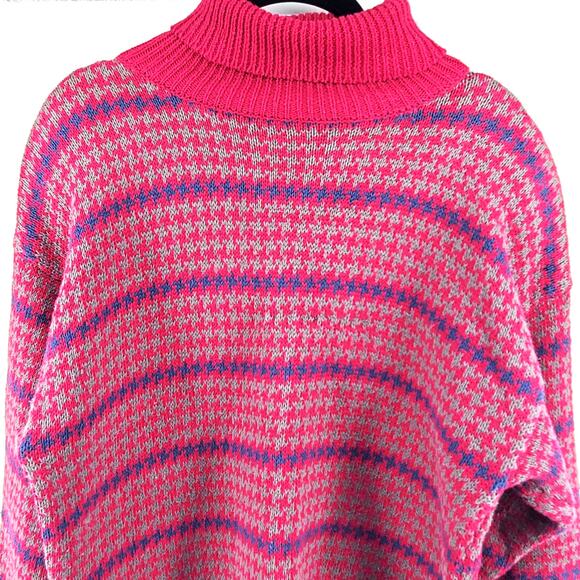 Vintage Maroon Red Granny Houndstooth Stripe Mock Turtleneck Tunic Sweater PL - Picture 2 of 10